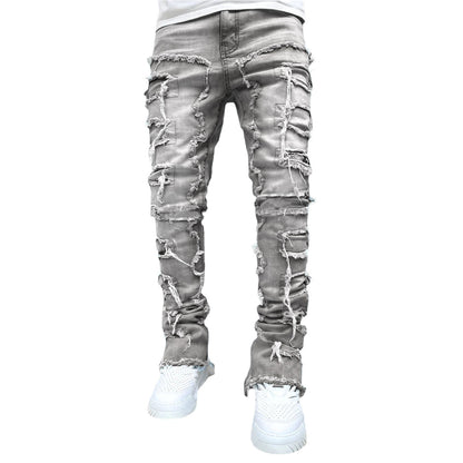 Patched Long Tight Fit Stacked Jeans For Mens | GlamzLife