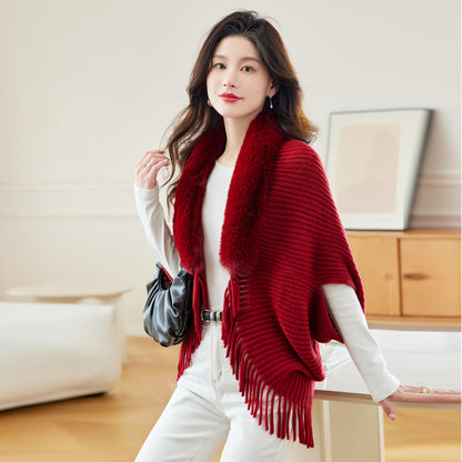 Women's Loose Tassel Fashion Shawl Jacket With Fur Collar-GlamzLife