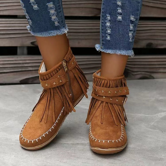 Retro Ankle Boots With Rivet Tassel Flat Shoes Women Winter Boots | GlamzLife