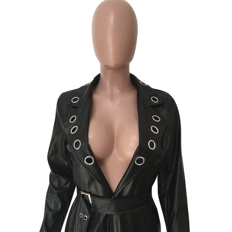 GlamzLife V-neck Leather Jacket with Eyelet Belt - Women's PU Leather