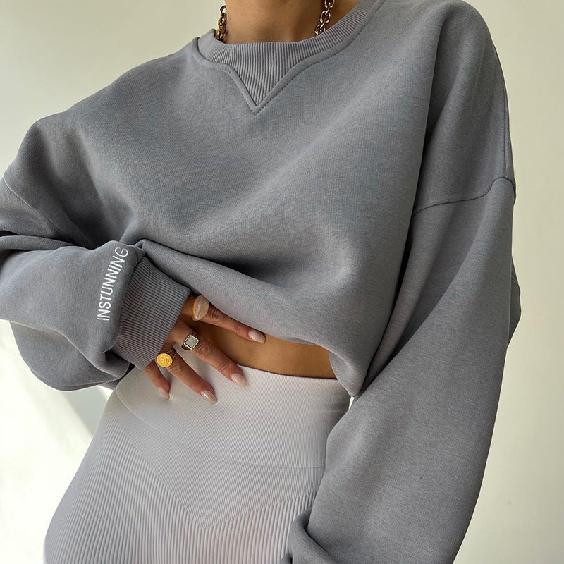 Loose Sweater Women's Casual Round Neck Pullover Tops Solid Color Sports Sweatshirt | GlamzLife