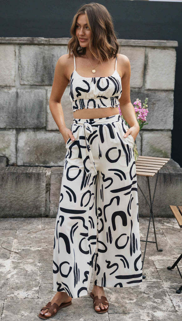 Printed Sleeveless Strap Short Top Long Wide-leg Pants - GlamzLife