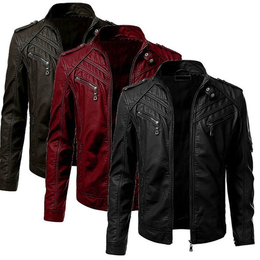 GlamzLife Men's Slim Zip PU Leather Jacket - Stand Collar, Multi-Pocket