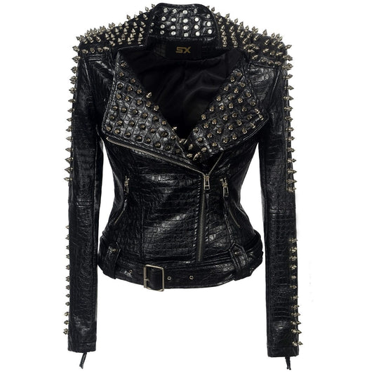 GlamzLife Women's Short Leather Jacket - Punk Style Stand Collar Rivets Buckles