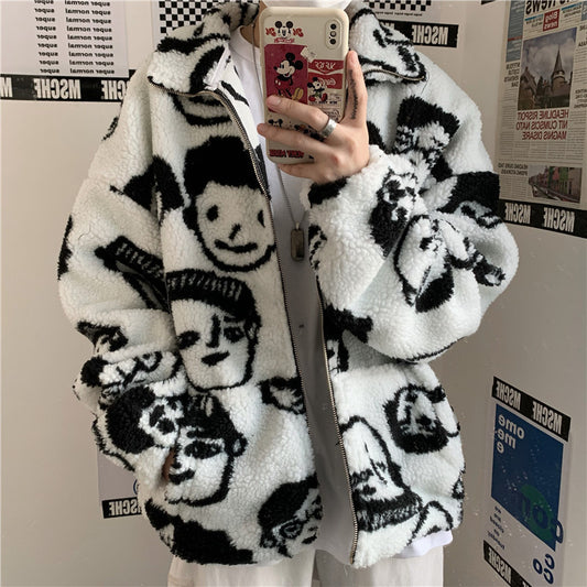 GlamzLife Winter Wool Coat Female - Cartoon Anime Pattern, Square Collar