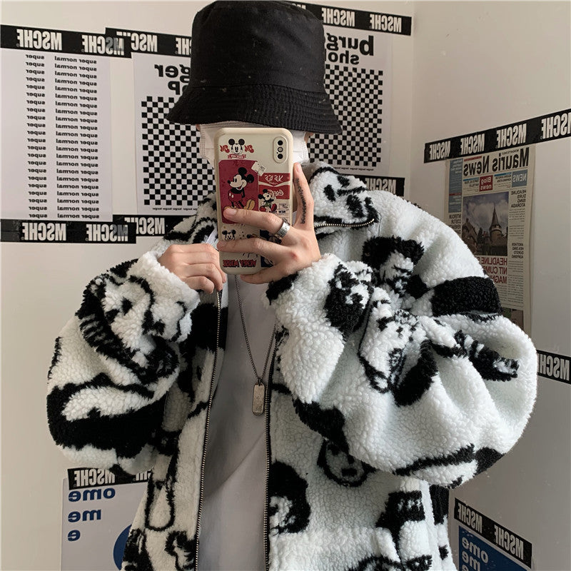 GlamzLife Winter Wool Coat Female - Cartoon Anime Pattern, Square Collar