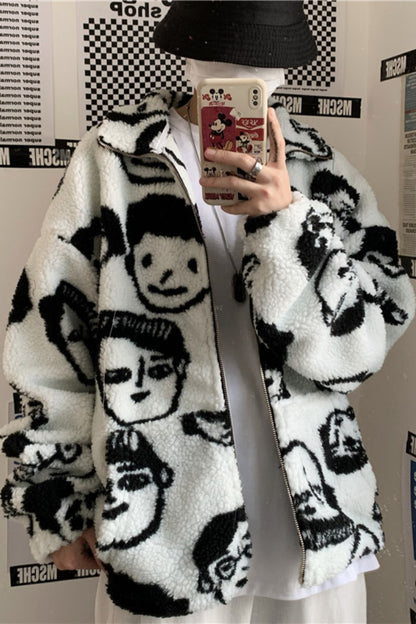 GlamzLife Winter Wool Coat Female - Cartoon Anime Pattern, Square Collar