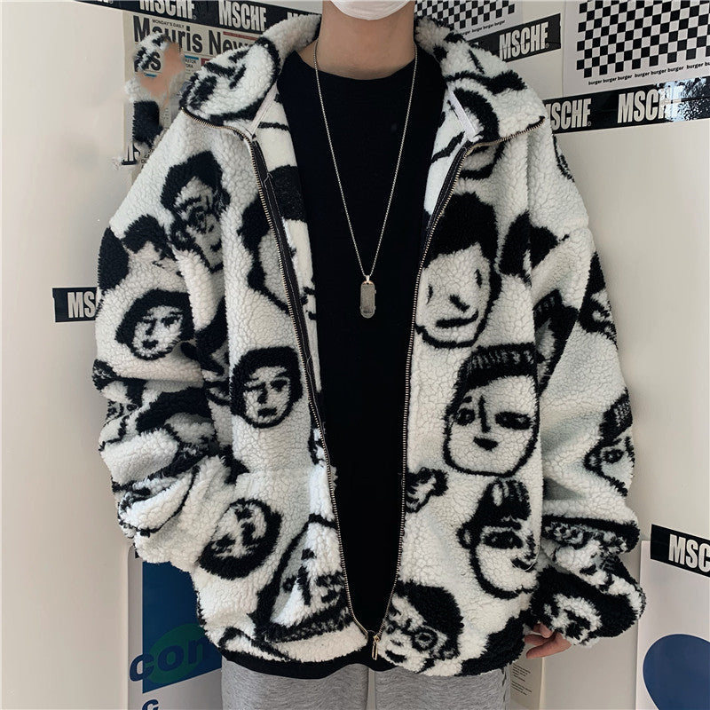 GlamzLife Winter Wool Coat Female - Cartoon Anime Pattern, Square Collar