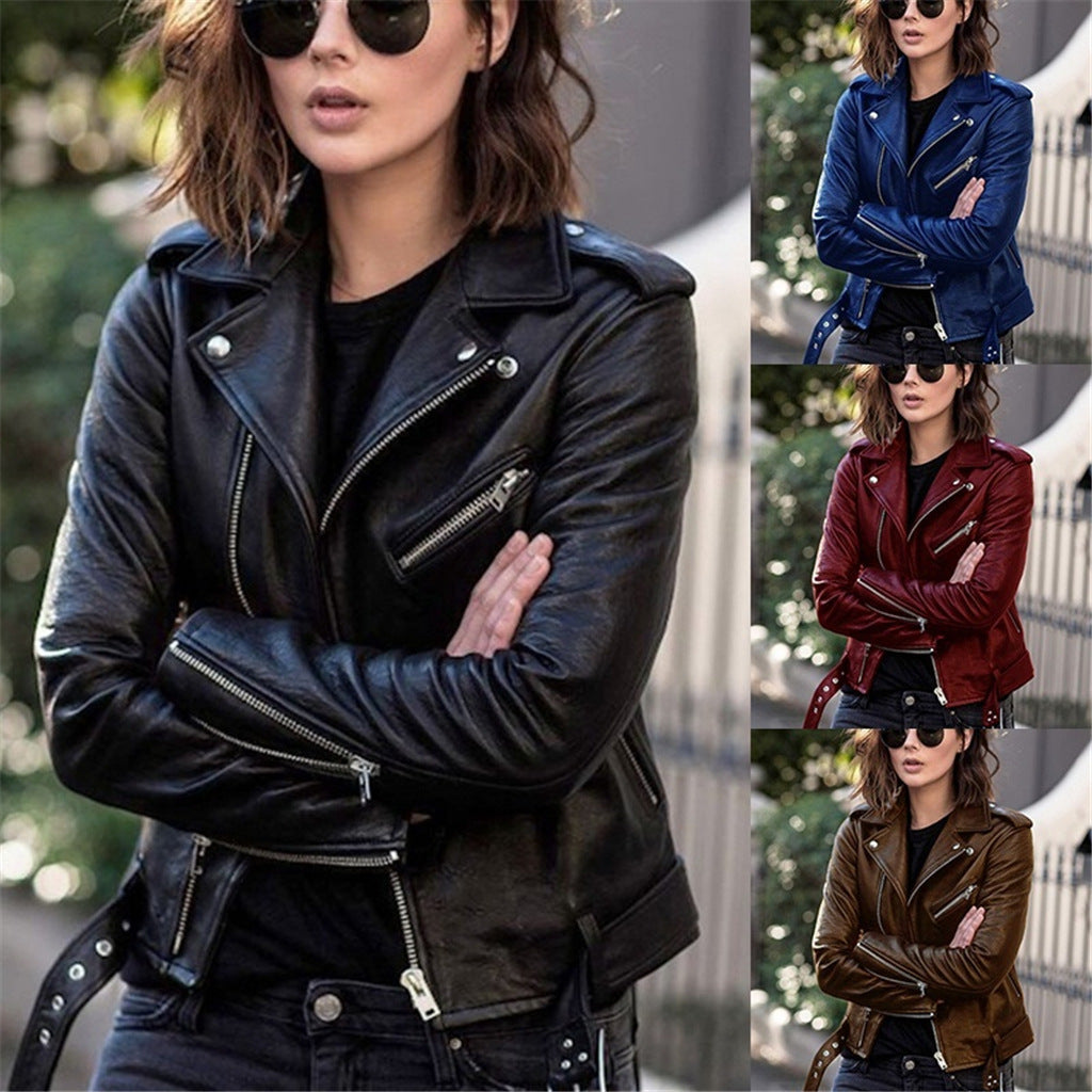 GlamzLife Zip Leather Jacket - Short Style, Lapel Collar