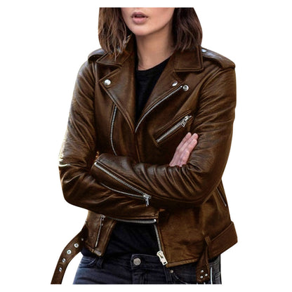 GlamzLife Zip Leather Jacket - Short Style, Lapel Collar