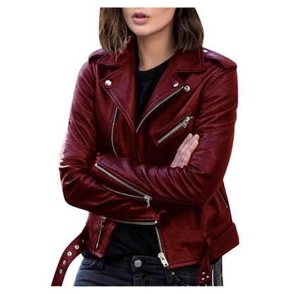 GlamzLife Zip Leather Jacket - Short Style, Lapel Collar