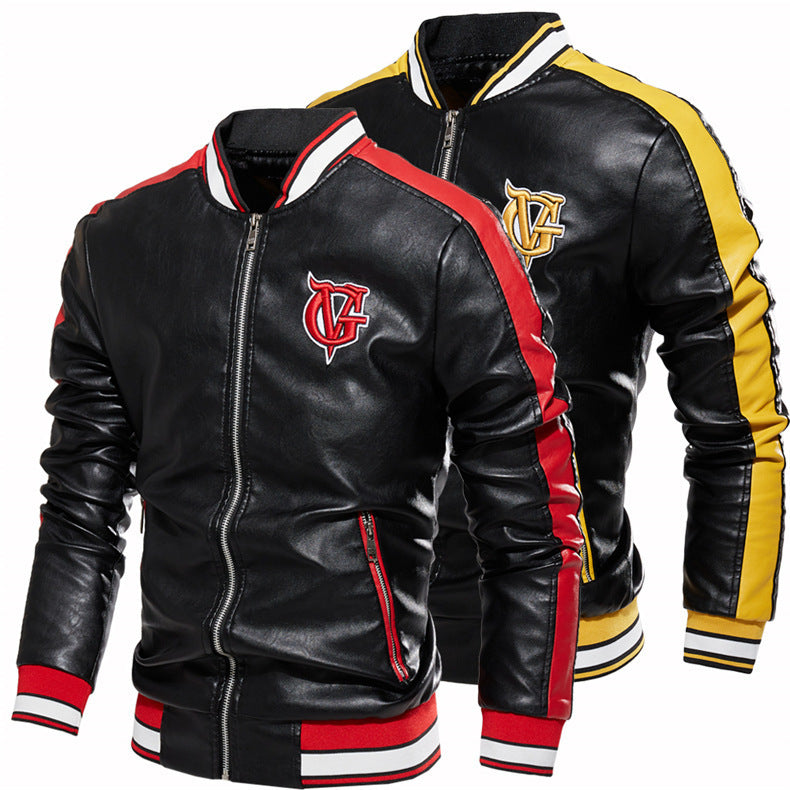 GlamzLife Men's Color Block Leather Jacket with Embroidery