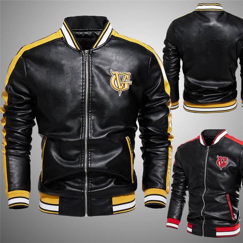 GlamzLife Men's Color Block Leather Jacket with Embroidery