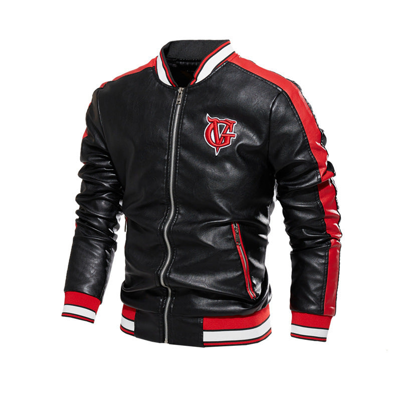 GlamzLife Men's Color Block Leather Jacket with Embroidery