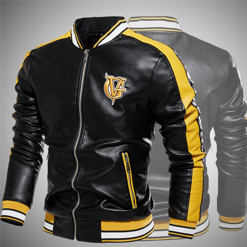 GlamzLife Men's Color Block Leather Jacket with Embroidery