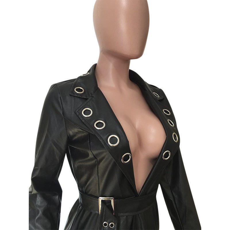 GlamzLife V-neck Leather Jacket with Eyelet Belt - Women's PU Leather