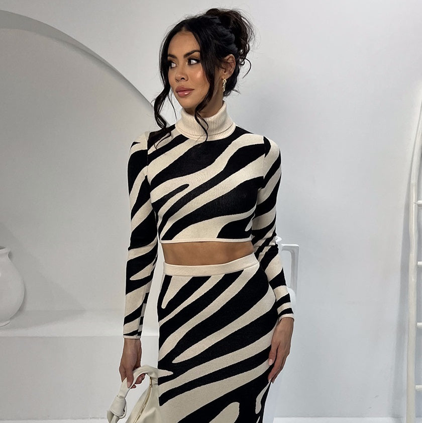 Top Striped Slim-fit Sheath Skirt Knitting Suit- GlamzLife