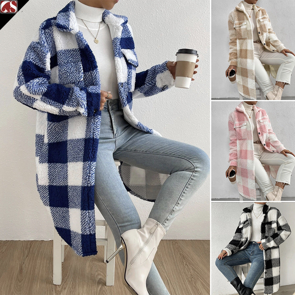 Button Lapel Plush Plaid Coat Loose | GlamzLife