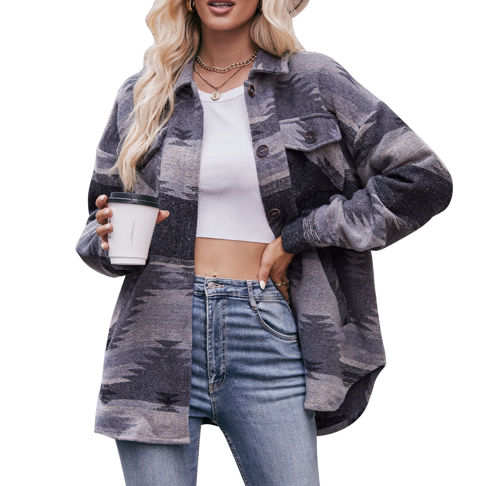 Geometric Print Jacket Shirt Winter Stand Collar Coats With Pockets Women's Outwear | GlamzLife