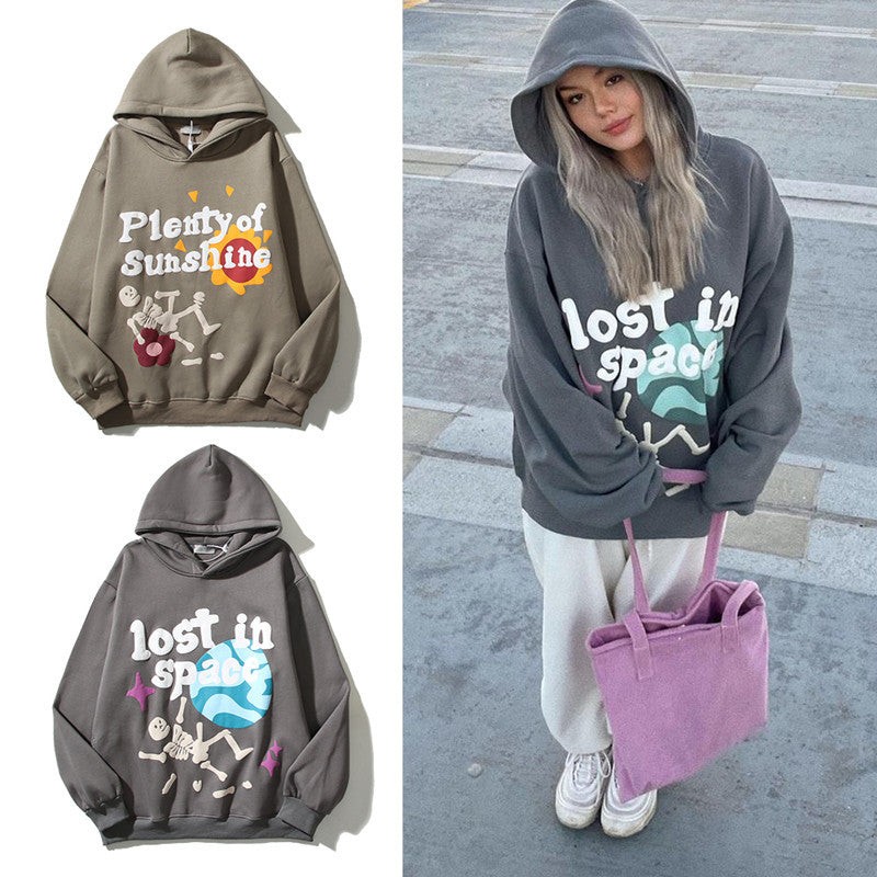 Skull Halloween Print Hoodie Graffiti Foam Letter Printed Hooded Sweater Coat Long Sleeve Sweatshirt | GlamzLife