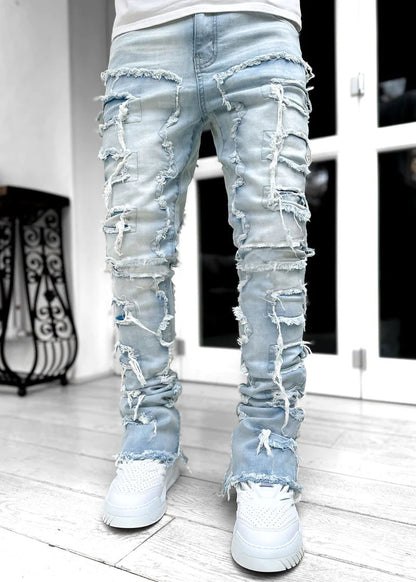 Patched Long Tight Fit Stacked Jeans For Mens | GlamzLife