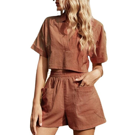 V-neck Solid Color Off-shoulder Top And Patch Pocket Shorts - GlamzLife