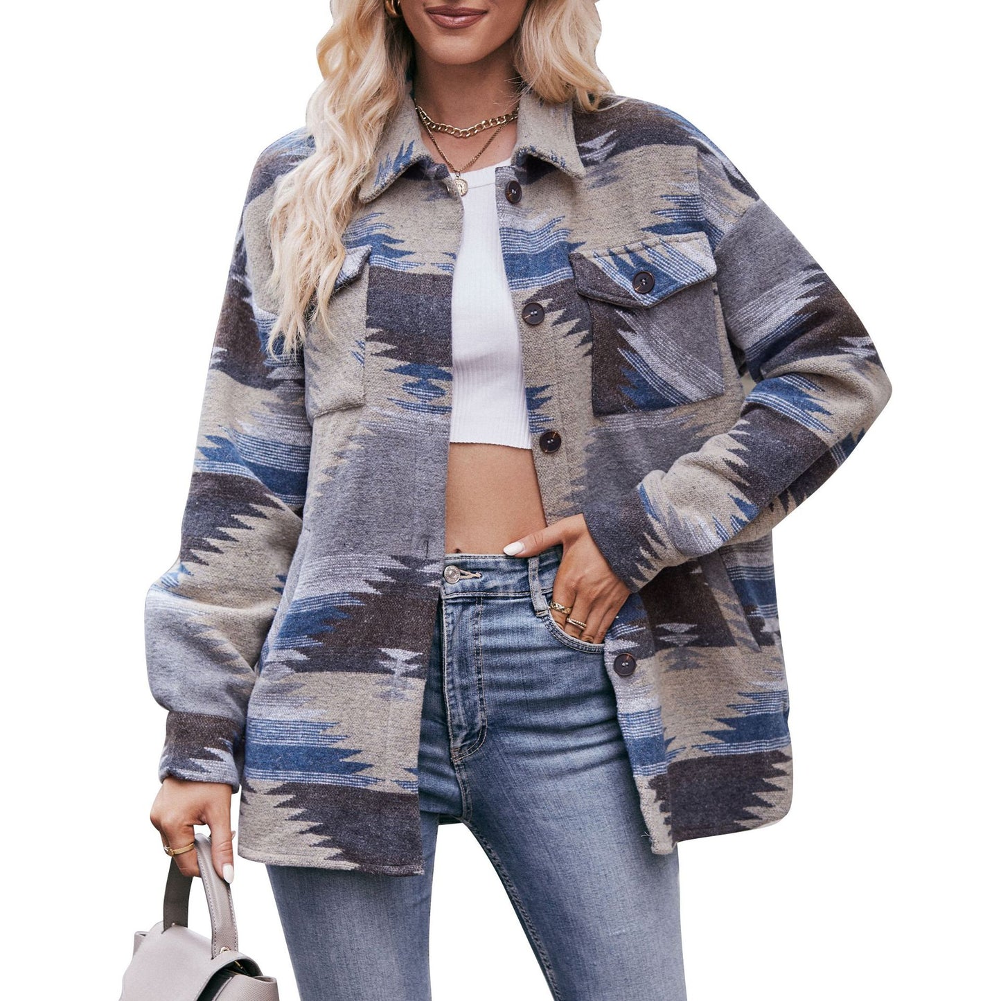 Geometric Print Jacket Shirt Winter Stand Collar Coats With Pockets Women's Outwear | GlamzLife