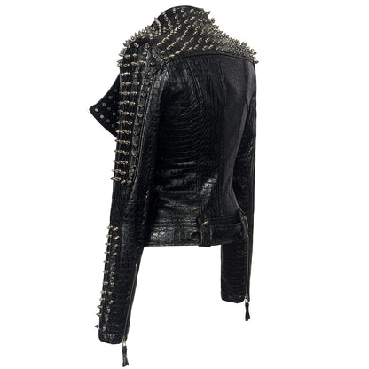 GlamzLife's Women's Short Leather Jacket - Punk Style Stand Collar Rivets Buckles