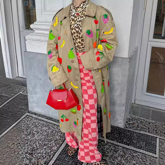 Elegant Khaki Fruit Printed Lapel Coat