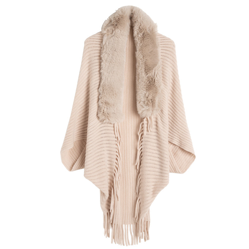 Women's Loose Tassel Fashion Shawl Jacket With Fur Collar-GlamzLife