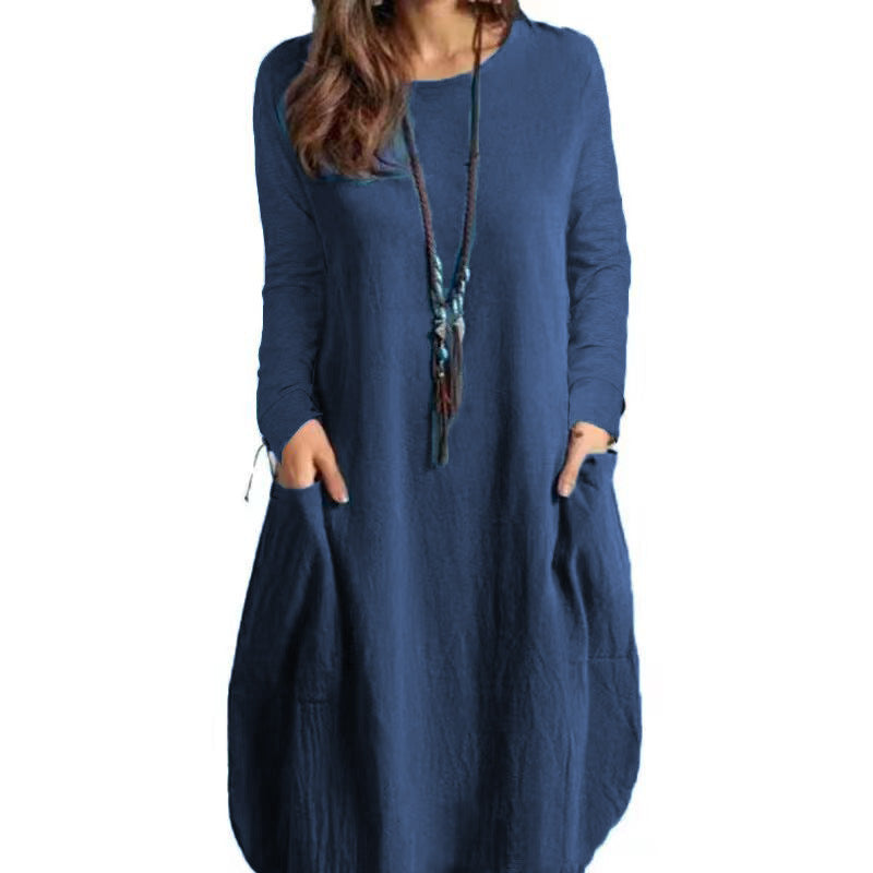 Women's Autumn Cotton And Linen Loose Casual Solid Color Long-sleeved Dress | GlamzLife