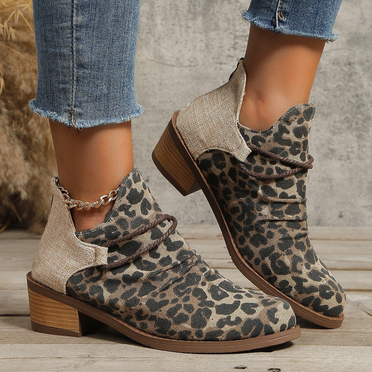 Women's Retro Boots Fashion Leopard Print Shoes Pointed Toe Square Heel Ankle Boots | GlamzLife