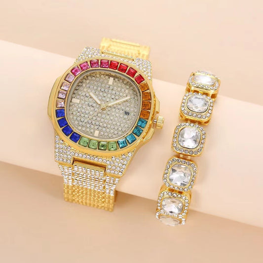 Full Diamond Inlaid Color Diamond Steel Belt Square Belt Calendar Quartz Wrist Watch | GlamzLife