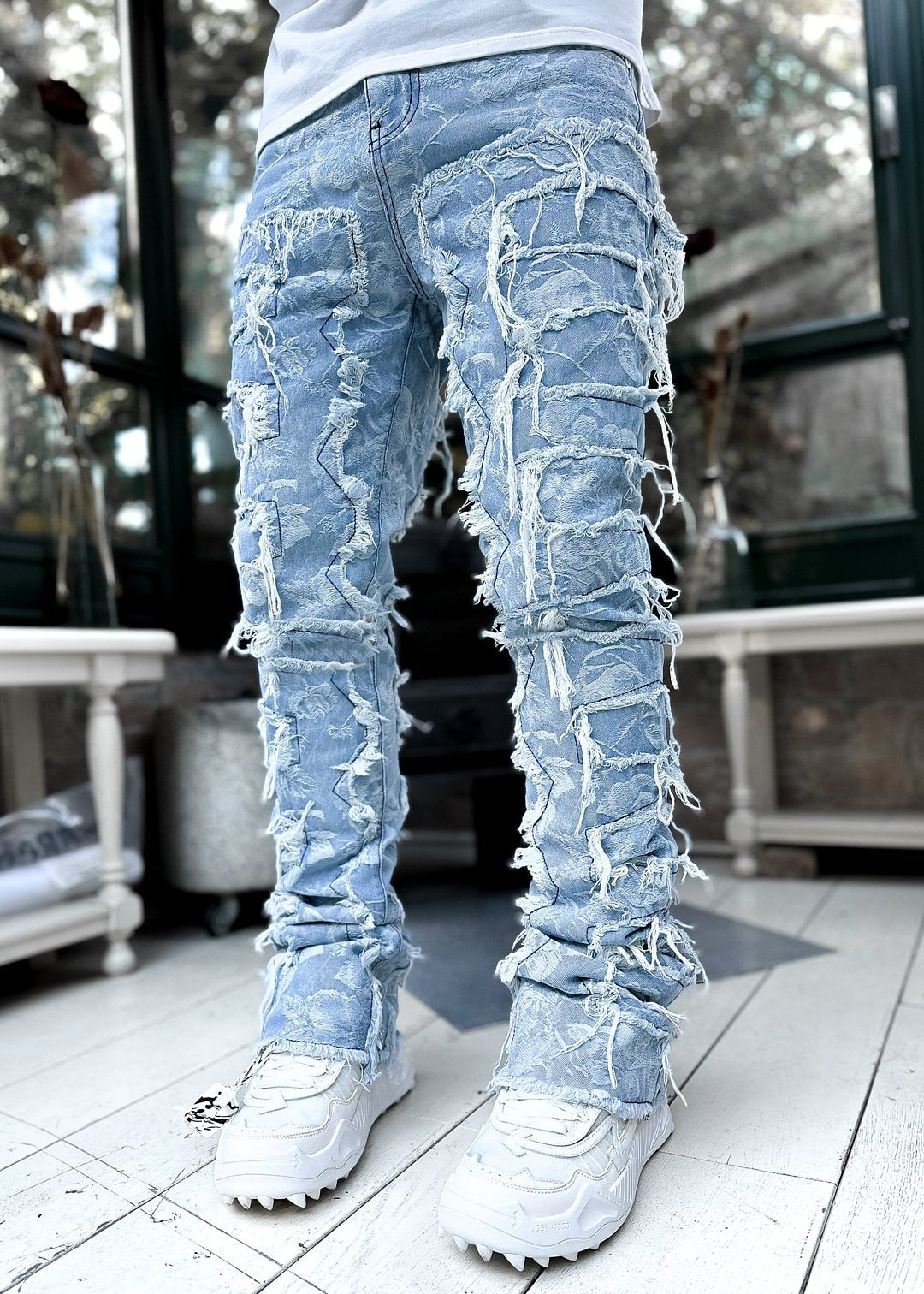 Patched Long Tight Fit Stacked Jeans For Mens | GlamzLife