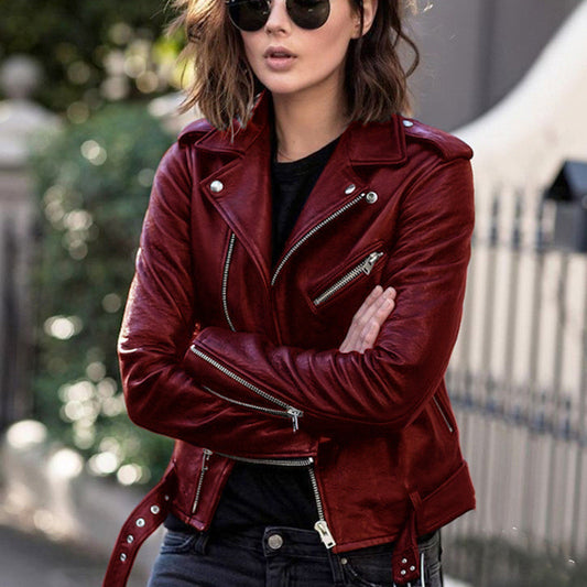 GlamzLife Zip Leather Jacket - Short Style, Lapel Collar