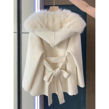 Stitching Fur Woolen Coat For Women