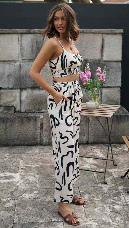 Printed Sleeveless Strap Short Top Long Wide-leg Pants - GlamzLife