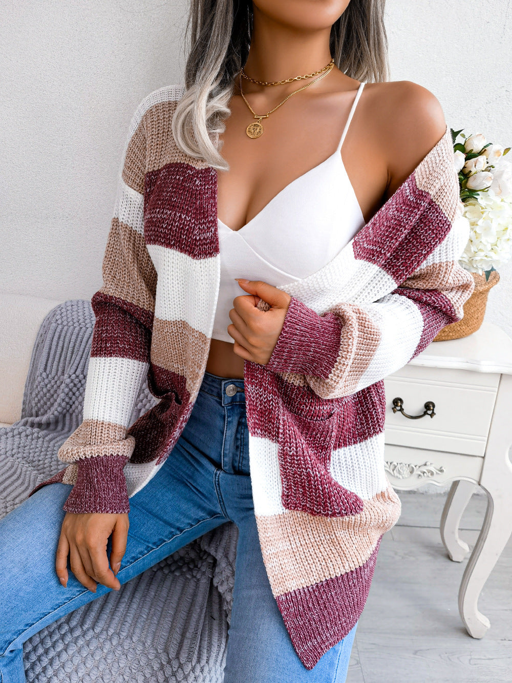 Plaid Sweater Women Casual Lantern Sleeves Cardigan Jacket Outerwear Clothes | GlamzLife
