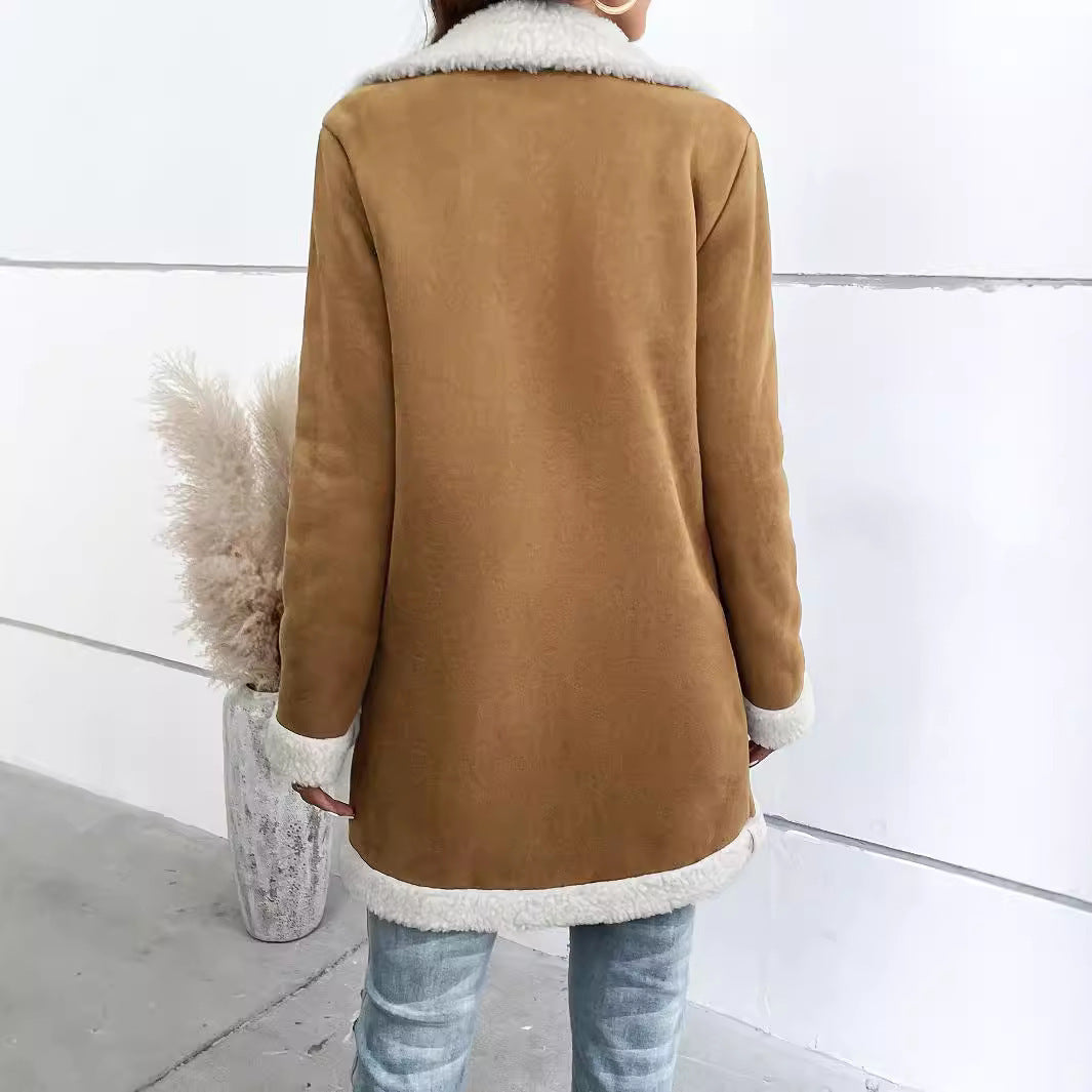 Women's Long-sleeved Lapel Velvet Thick Woolen Coat