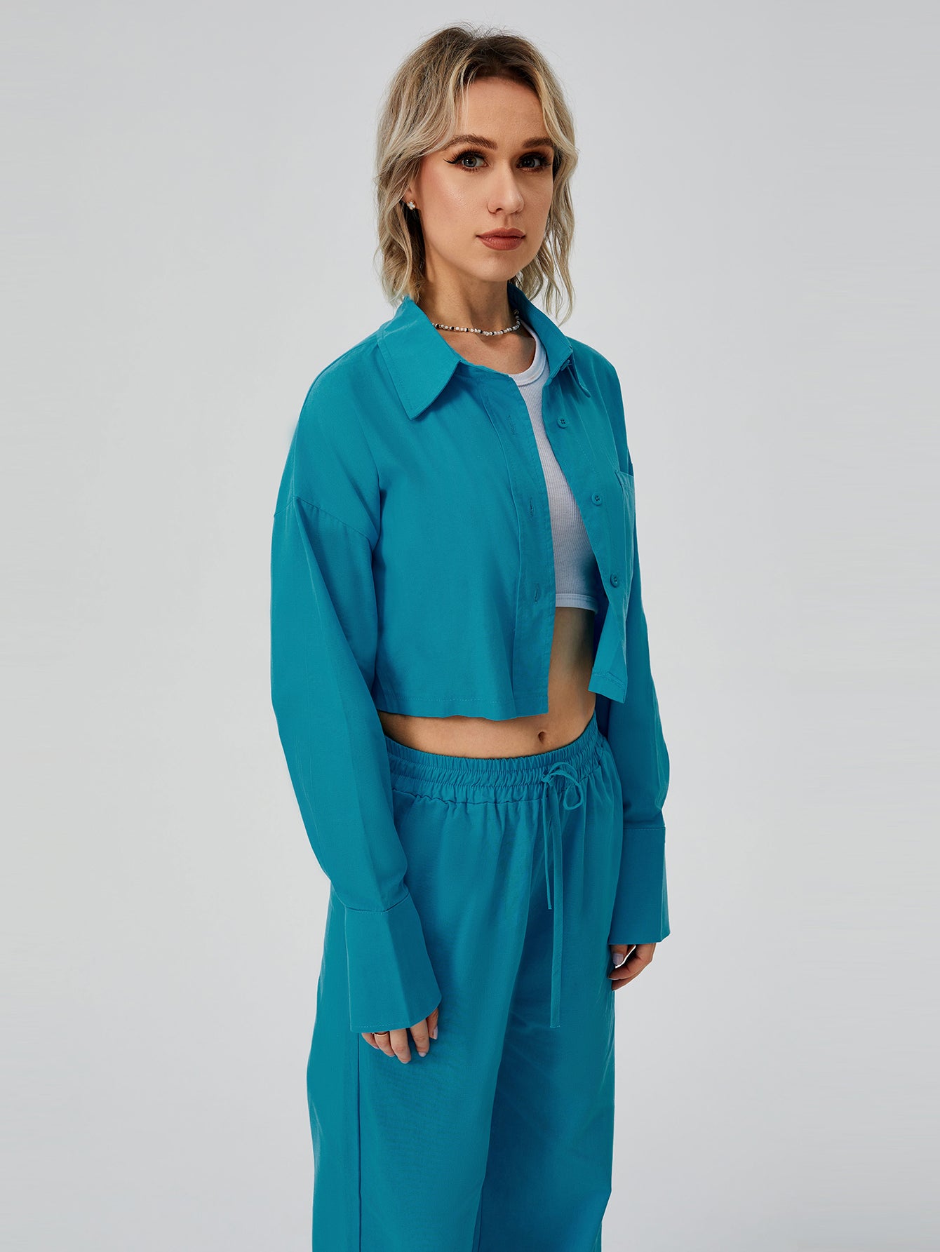 Women Two Piece Outfits For Women Long Sleeve Button Down Wide Leg Loungewear Pajama Set | GlamzLife
