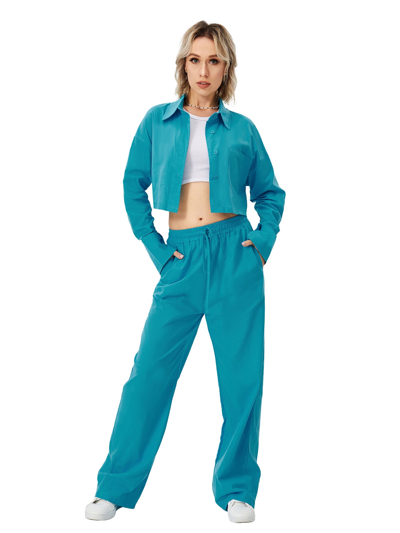 Women Two Piece Outfits For Women Long Sleeve Button Down Wide Leg Loungewear Pajama Set | GlamzLife