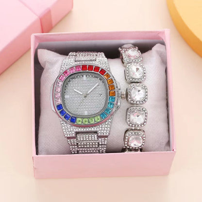 Full Diamond Inlaid Color Diamond Steel Belt Square Belt Calendar Quartz Wrist Watch | GlamzLife