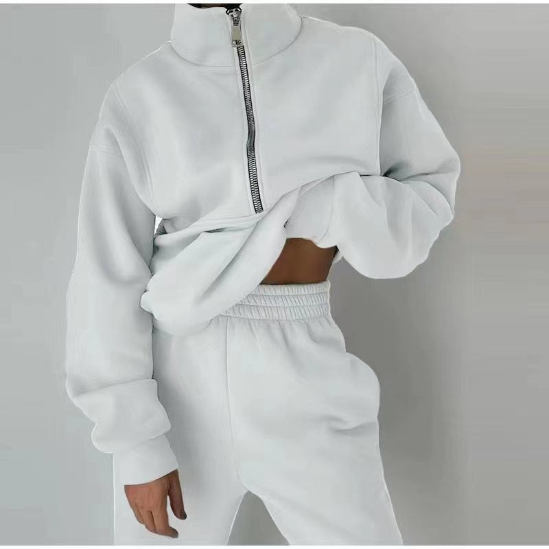 Stand Collar Suit Zip Up Crop Sportswear Long Sleeve Sweatshirt And Trousers For Spring Fall Women's Clothing | GlamzLife