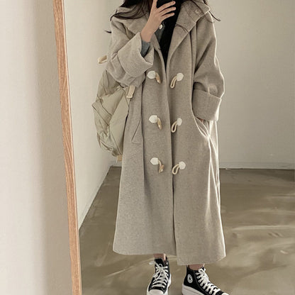 Temperament Horn Button Hooded Woolen Coat Women