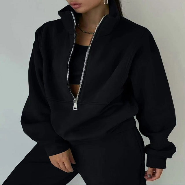 Stand Collar Suit Zip Up Crop Sportswear Long Sleeve Sweatshirt And Trousers For Spring Fall Women's Clothing | GlamzLife