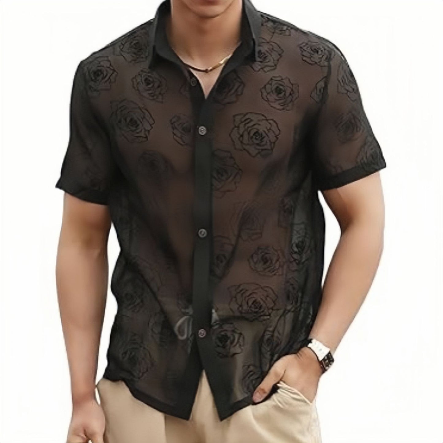 Men's Rose Flower Mesh See-through shirt - GlamzLife