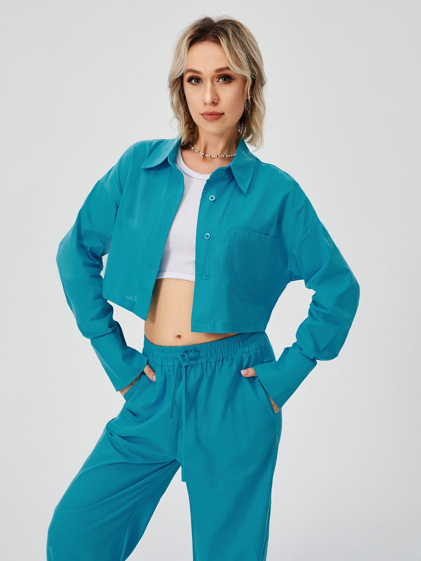 Women Two Piece Outfits For Women Long Sleeve Button Down Wide Leg Loungewear Pajama Set | GlamzLife