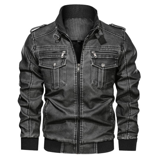 GlamzLife Men's Vintage Leather Jacket - Stand-up Collar, Slim Fit