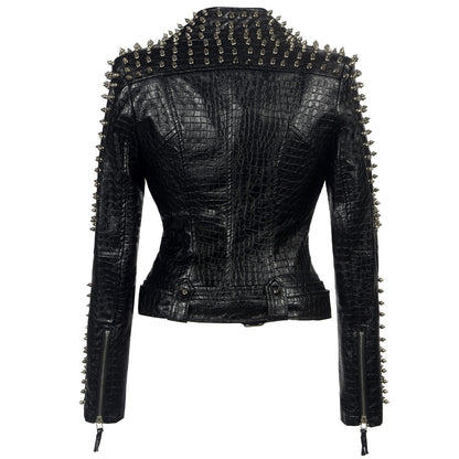 GlamzLife's Women's Short Leather Jacket - Punk Style Stand Collar Rivets Buckles