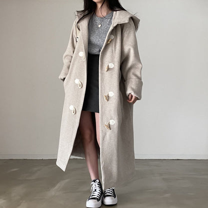 Temperament Horn Button Hooded Woolen Coat Women